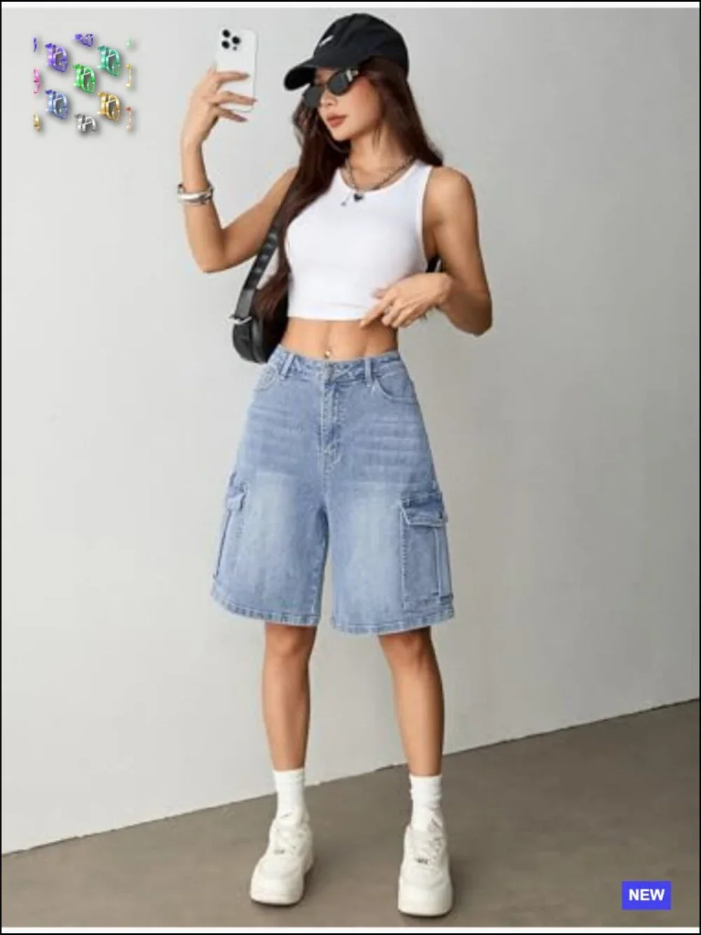 Baggy Bermuda Cargo Jorts Y2K Knee Length Stretchy Denim Shorts 6 Pockets